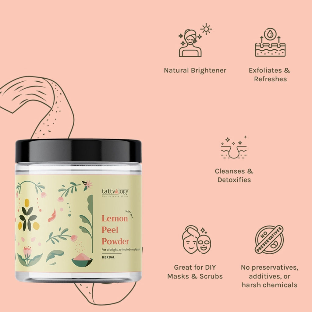 Tattvalogy Lemon Peel Powder - Vitamin-C Rich, Brightens Skin Tone & Reduces Pigmentation Naturally | Grocsy