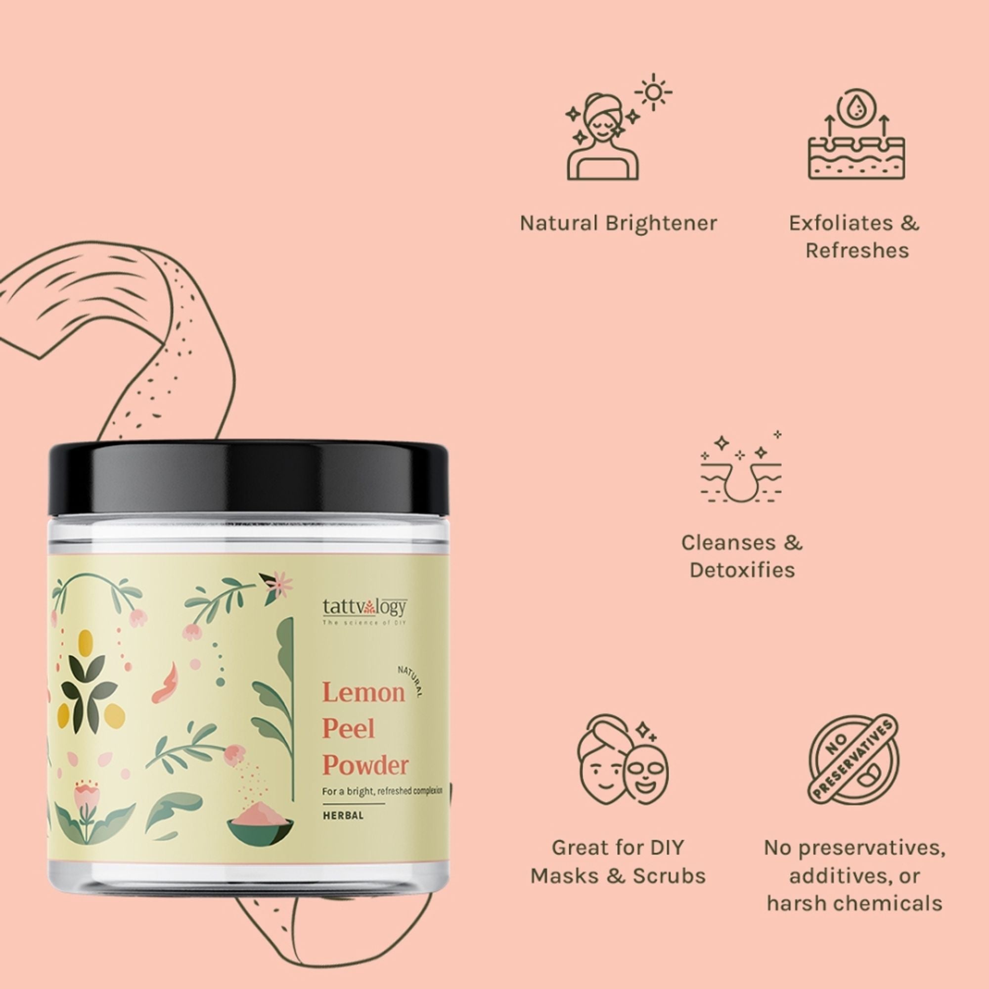 Tattvalogy Lemon Peel Powder - Vitamin-C Rich, Brightens Skin Tone & Reduces Pigmentation Naturally | Grocsy