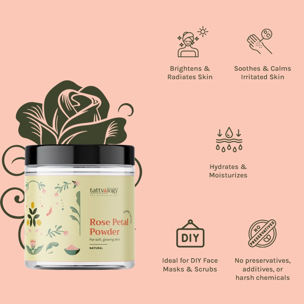Tattvalogy Rose Petal Powder -Shade Dried, Nutrient -Rich for Radiant Skin & Instant Glow Naturally | Grocsy