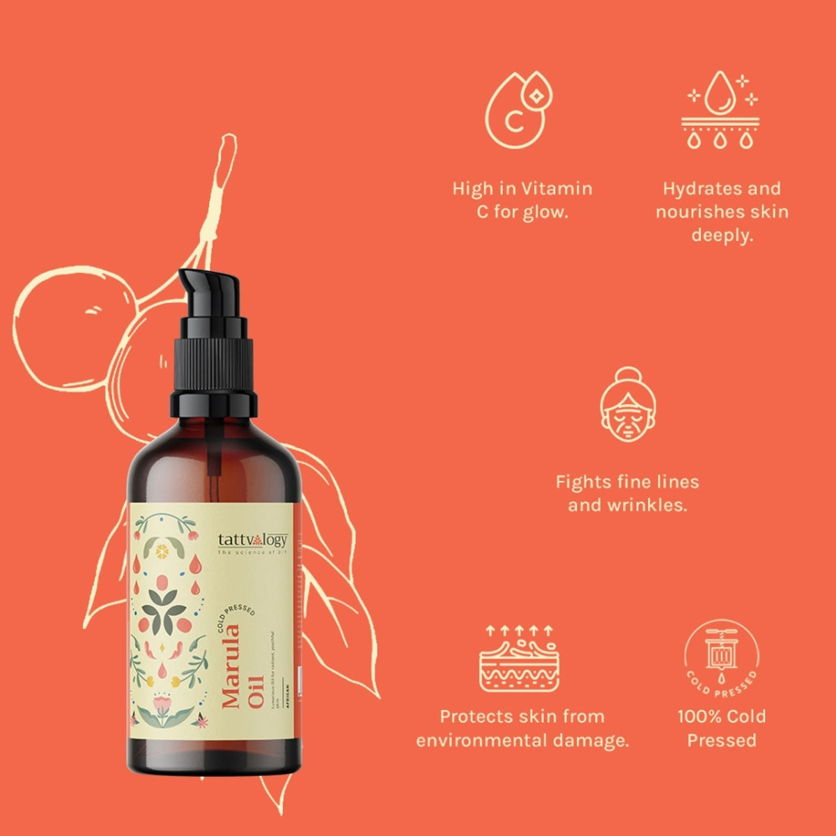 Tattvalogy African Marula Oil - Pure, Hydrates, Reduces Wrinkles & Boosts Radiance for Glowing Skin | Grocsy