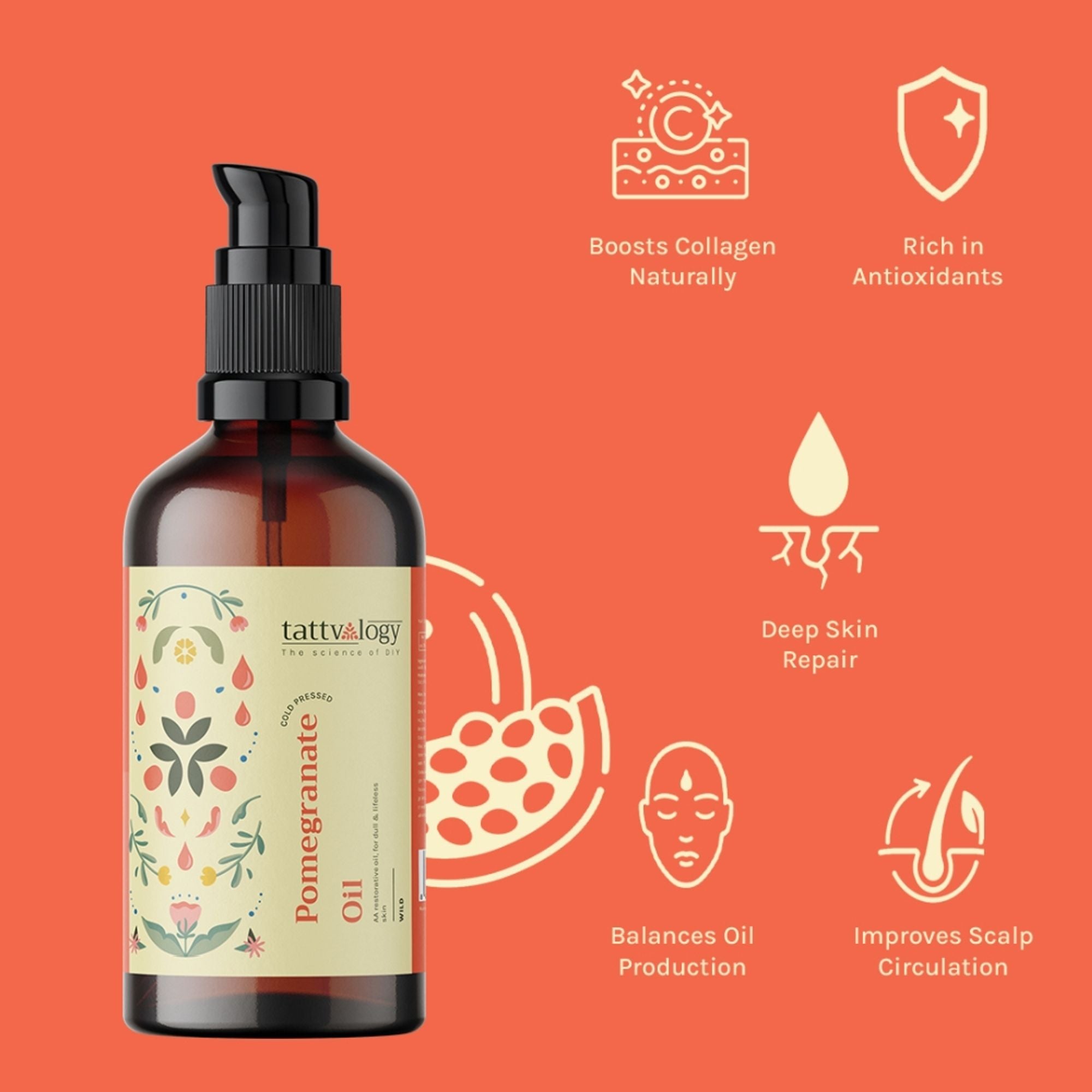 Tattvalogy Cold Pressed Pomegranate Oil - Fights Dark Spots, Hydrates & Boosts Collagen for Youth | Grocsy