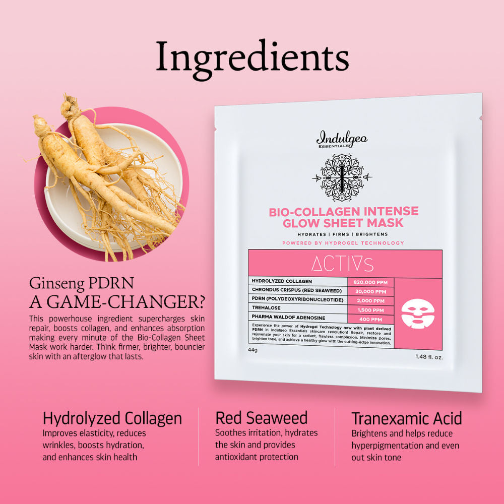 Indulgeo Essentials Ginseng PDRN Enriched Bio Collagen Intense Glow Sheet Mask (44g) | Grocsy