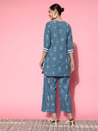 Sangria Women Blue Ethnic Motifs Printed Empire Pure Cotton Kurta with Palazzos | Grocsy