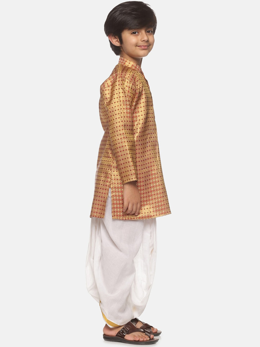 Sethukrishna Boys Golden & White Ethnic Motifs Printed Kurta with Dhoti Pants | Grocsy