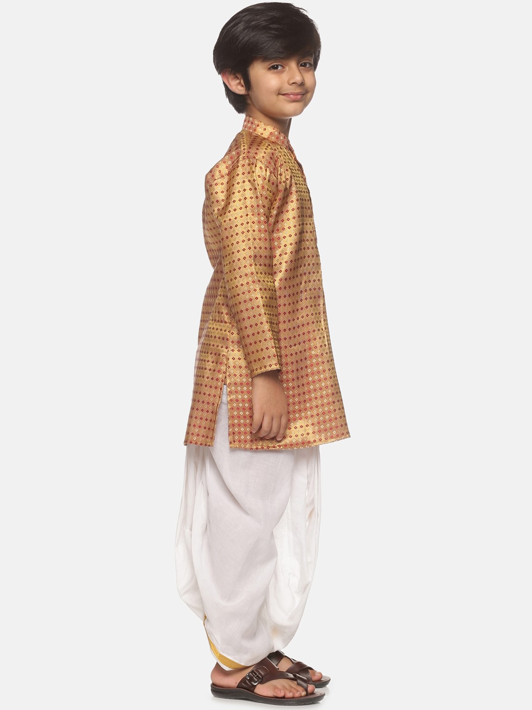 Sethukrishna Boys Golden & White Ethnic Motifs Printed Kurta with Dhoti Pants | Grocsy