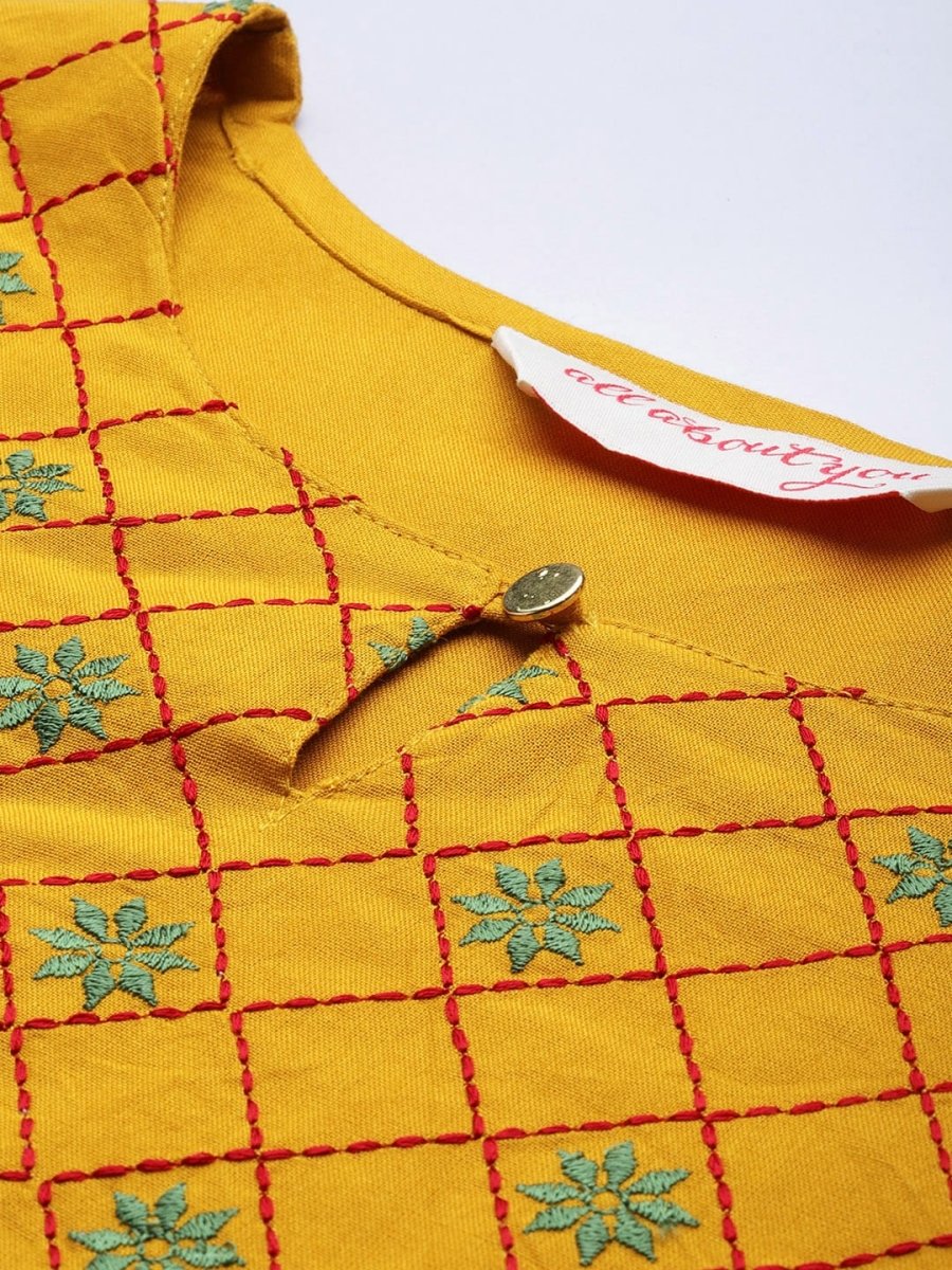 All About You Women Mustard Yellow Ethnic Motifs Yoke Design Keyhole Neck Straight Kurta | Grocsy