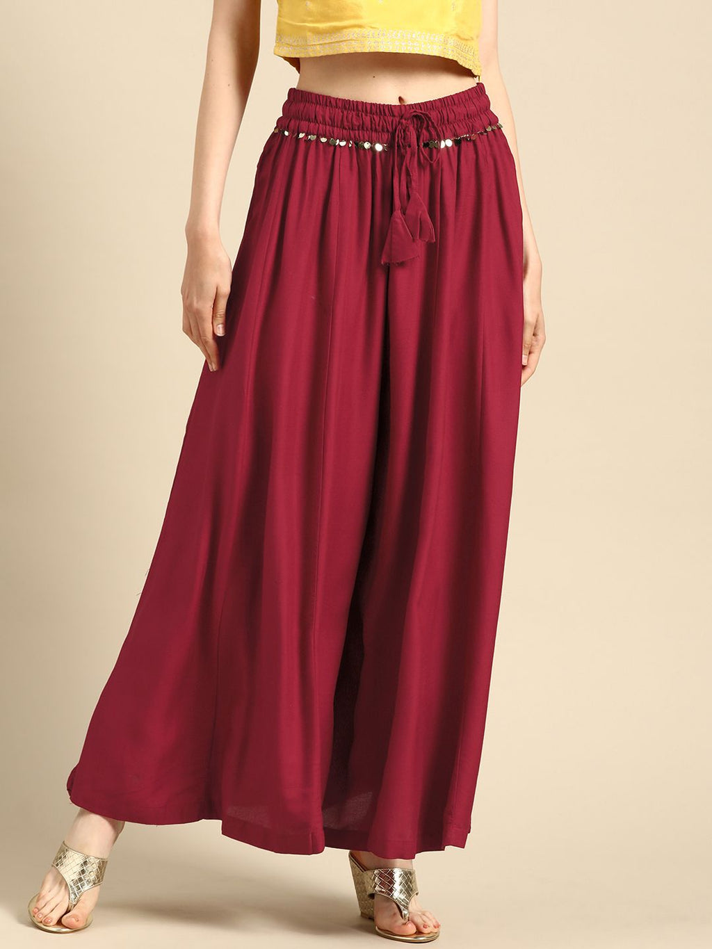 TAG 7 Women Maroon Solid Flared Palazzos | Grocsy