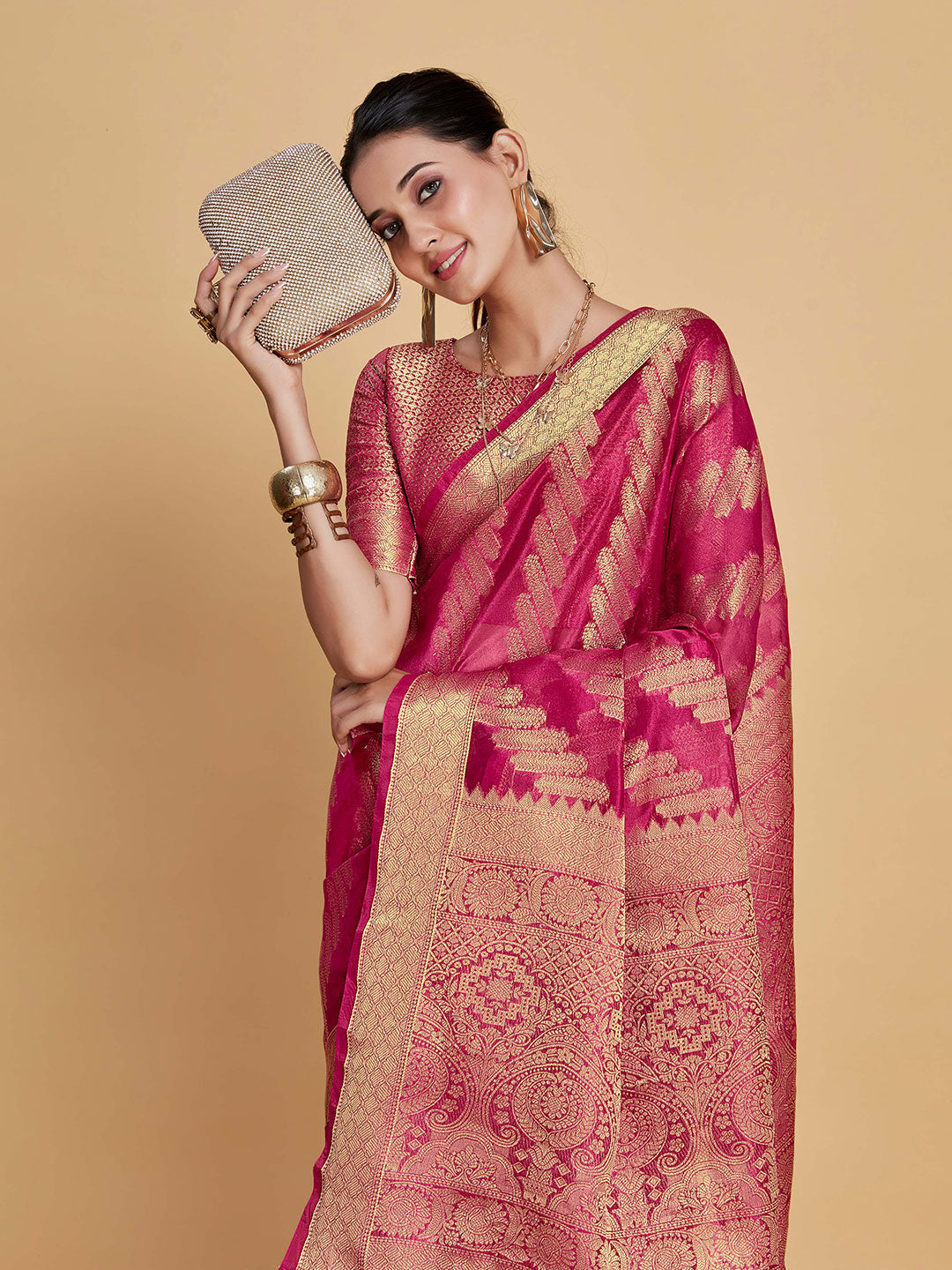 Sangria Ethnic Motifs Woven Design Organza Saree | Grocsy