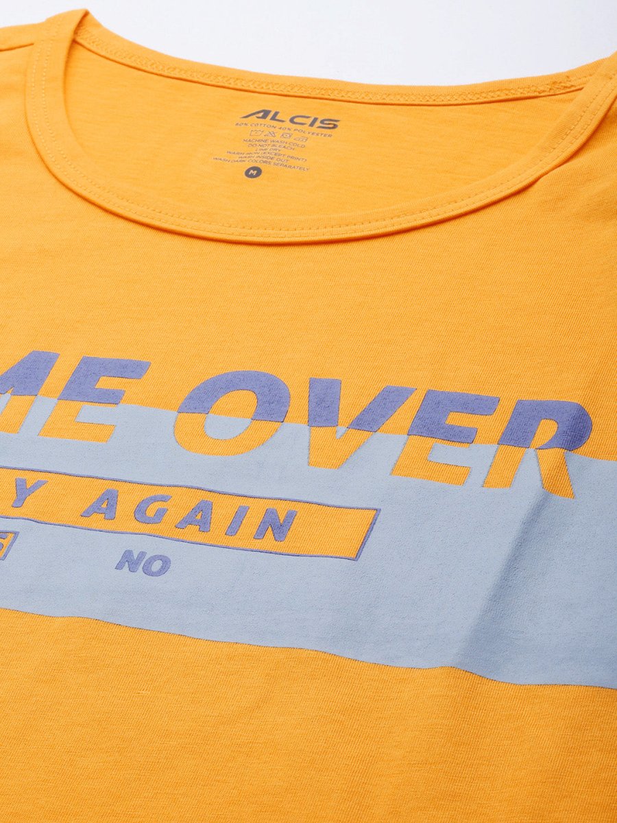 Alcis Men Mustard Yellow Typography Printed Slim Fit Gym T-shirt | Grocsy