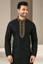 Raivat Ethnic Banarasi Art Silk Thread Work Kurta Pajama In Black Colour | Grocsy
