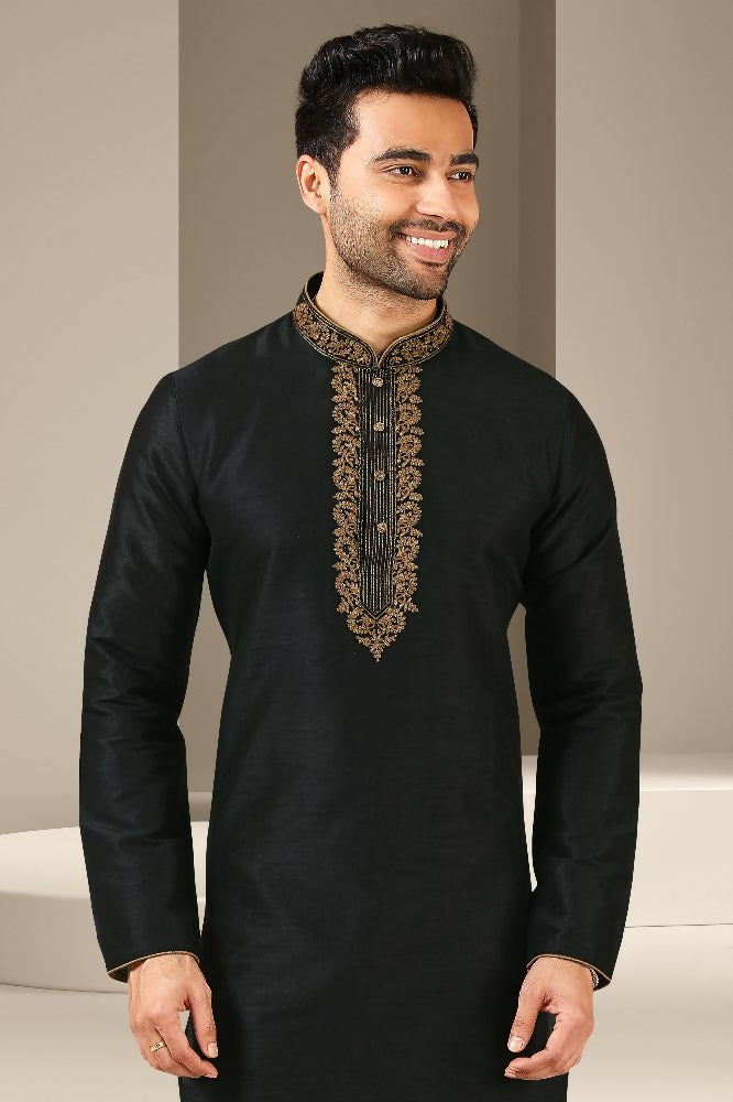 Raivat Ethnic Banarasi Art Silk Thread Work Kurta Pajama In Black Colour | Grocsy