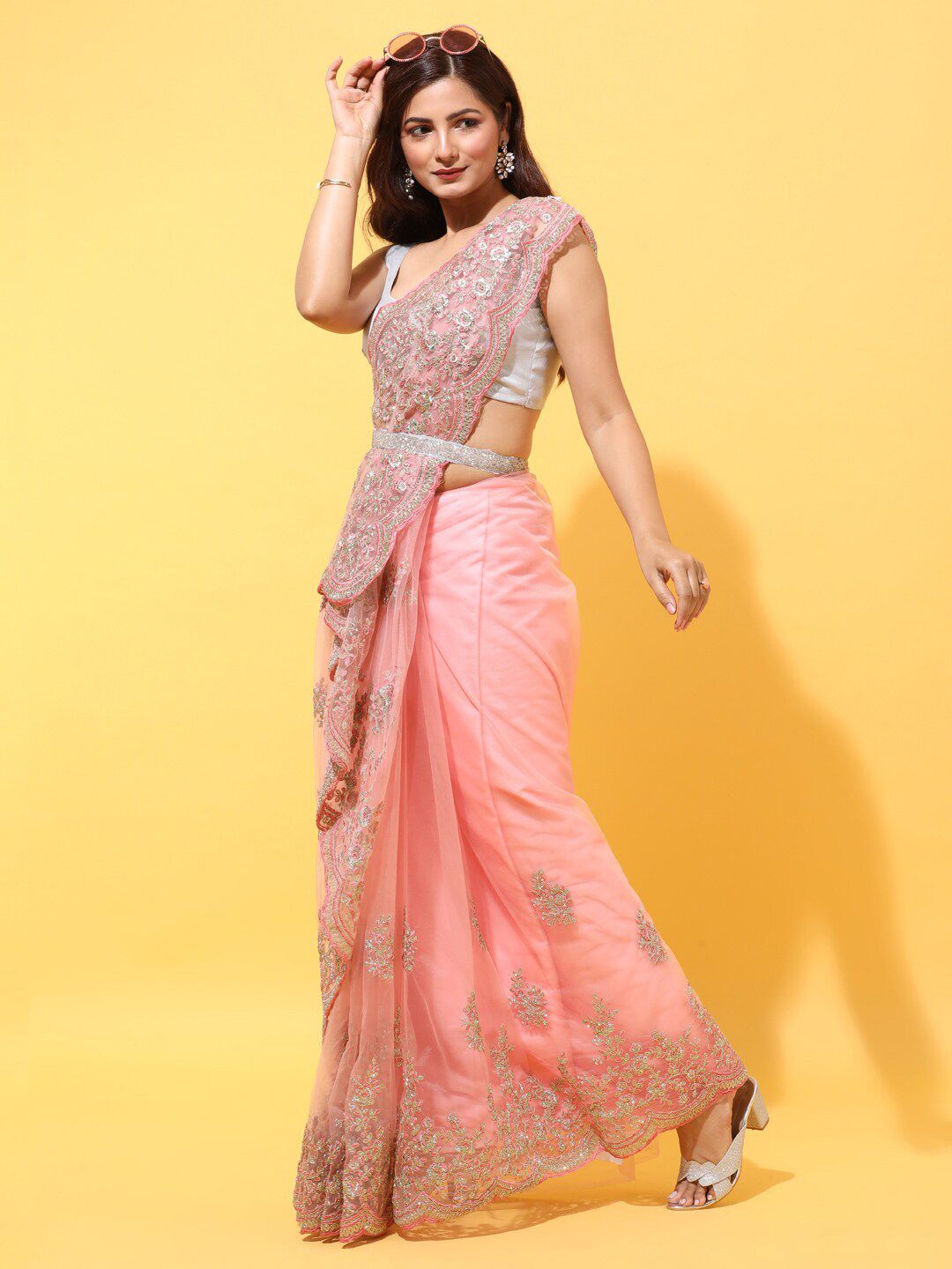 kasee Pink Floral Embroidered Net Saree | Grocsy