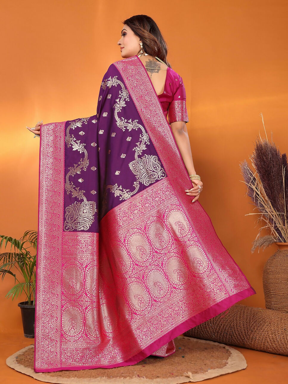 Joban Fashion Banarasi Plum Woven Soft Silk Saree | Grocsy