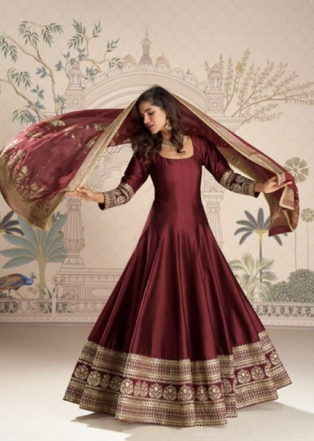 Anaita Maroon Vichitra Silk Anarkali Suit with Embroidery Sequins | Grocsy