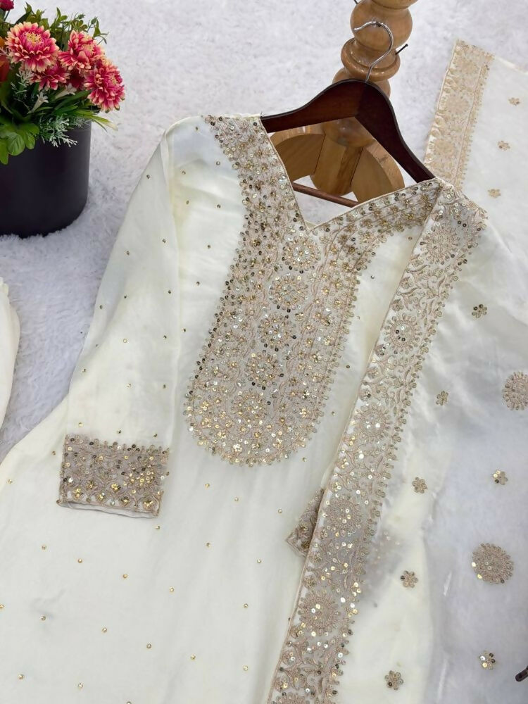 Teeya Creation White Color Fendy Silk Embroidery Work Wedding Wear Salwar Suit | Grocsy