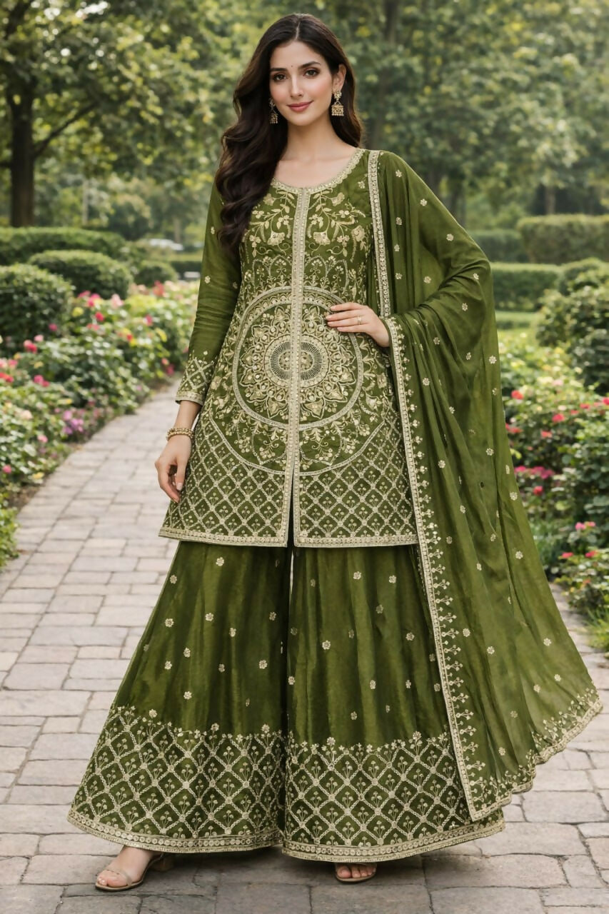 Teeya Creation Green Color Chinon Silk Wedding Wear Trending Palazzo Set | Grocsy