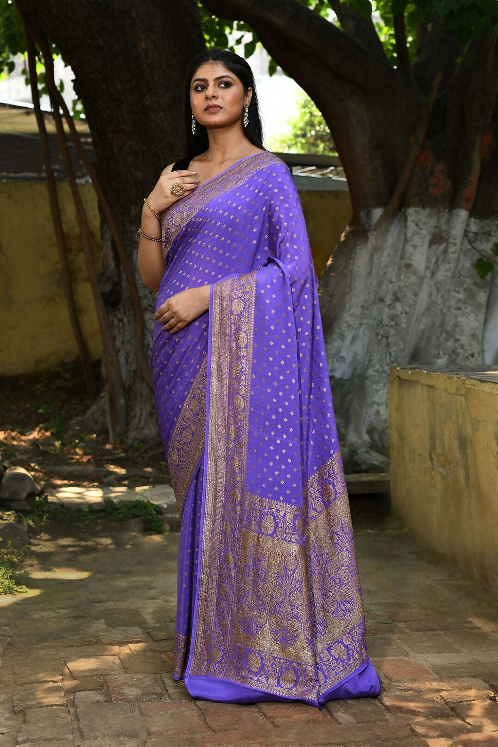 Joban Fashion Lavender Crepe Chiffon Pure Handloom Banarasi Silk Saree | Grocsy