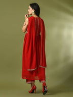 Myshka Women's Red Embroidered Georgette Anarkali Party Kurta Set With Dupatta | Grocsy