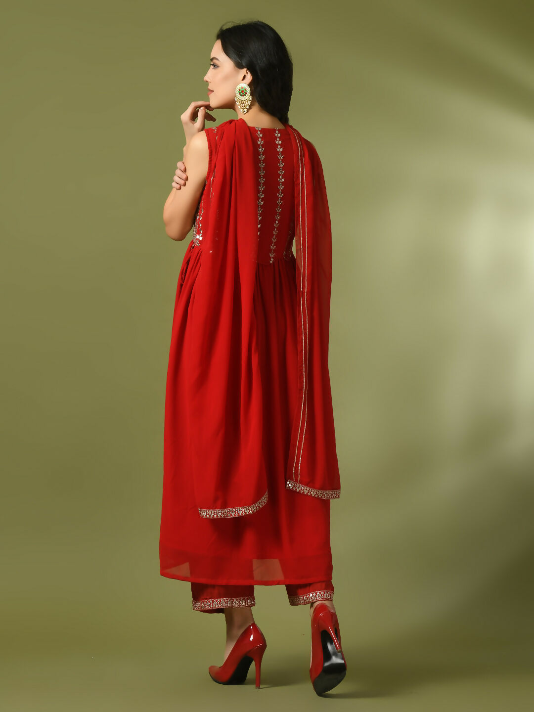 Myshka Women's Red Embroidered Georgette Anarkali Party Kurta Set With Dupatta | Grocsy