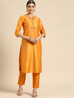 Sangria Women Orange Ethnic Motifs Embroidered Kurta with Trousers | Grocsy