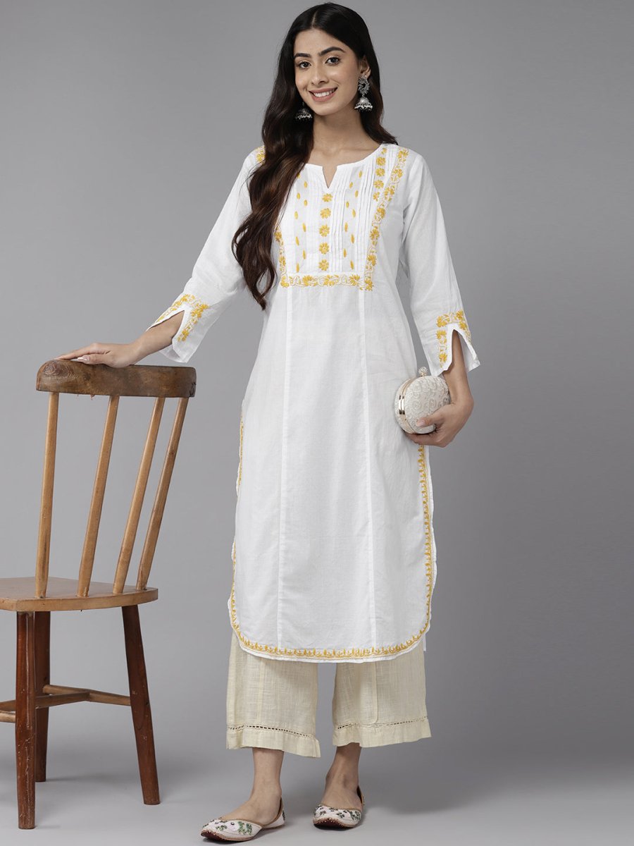 ADA Ethnic Motifs Embroidered Chikankari Cotton Kurta | Grocsy