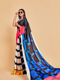 Sangria Blue & Black Striped Satin Ready to Wear Saree | Grocsy