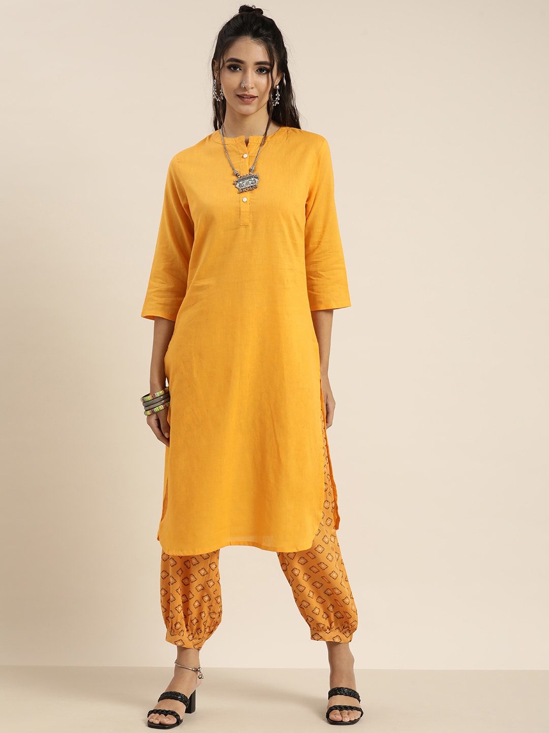 Sangria Women Yellow & Black Pure Cotton Kurta with Salwar | Grocsy