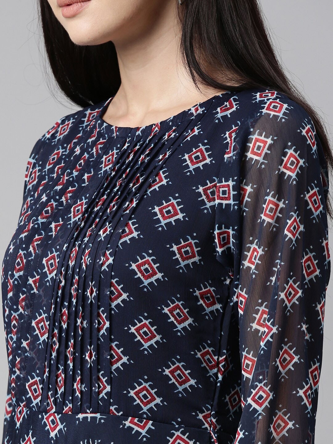Souchii Blue & Red Ethnic Motifs Printed Chiffon Fit & Flare Midi Dress | Grocsy