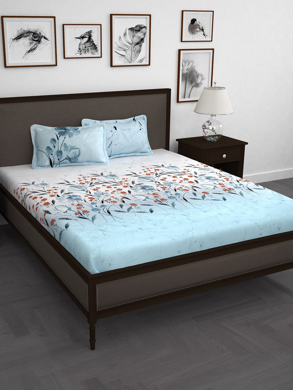 Story@home White & Blue Floral 210 TC Cotton 1 King Bedsheet with 2 Pillow Covers | Grocsy