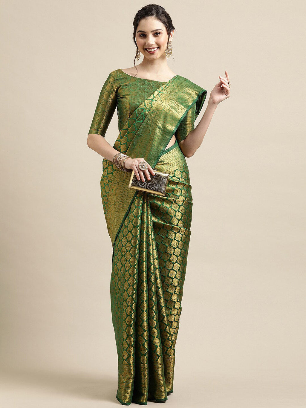 Saree Mall Green & Gold-Toned Woven Design Zari Silk Blend Banarasi Saree | Grocsy