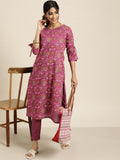 Sangria Women Purple Ethnic Motifs Printed Pure Cotton Kurta with Trousers | Grocsy