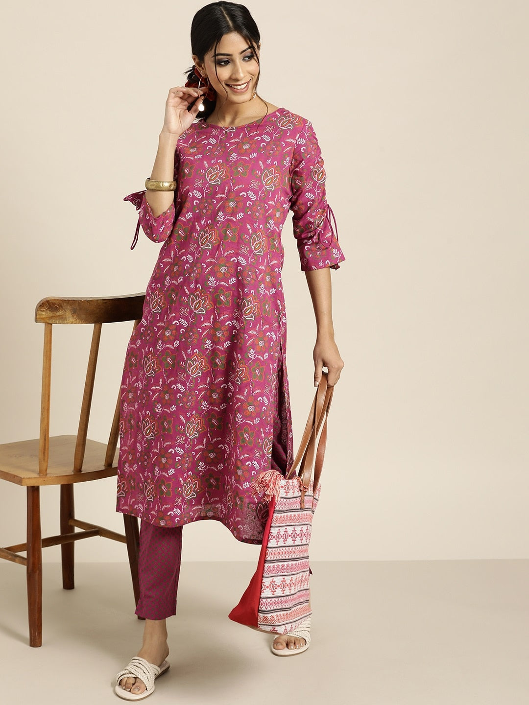 Sangria Women Purple Ethnic Motifs Printed Pure Cotton Kurta with Trousers | Grocsy