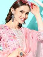 Sangria Floral Printed Regular Thread Work Linen Kurta with Trousers & With Dupatta | Grocsy