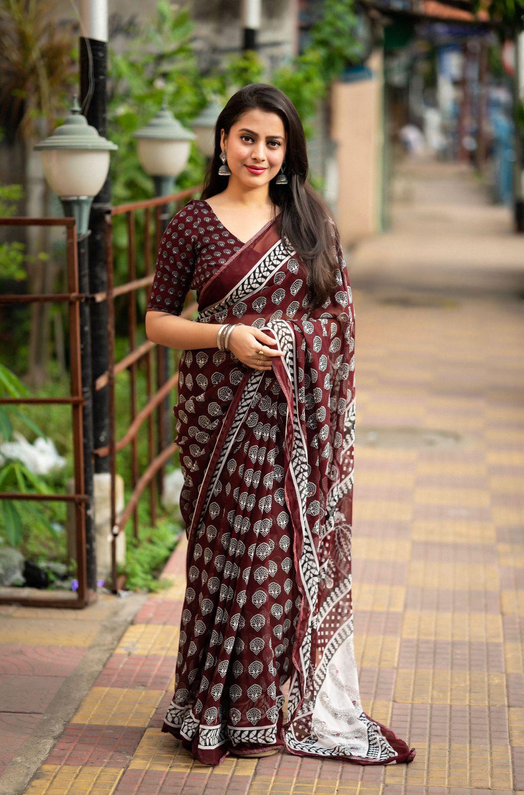 Maroon Poly Georgette Ajrak Saree with Unstitched Blouse - A2M | Grocsy