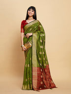 Sangria Green Ethnic Motifs Woven Design Zari Organza Saree | Grocsy