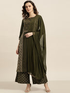 Sangria Women Olive Green & Golden Printed Kurta with Palazzos & Dupatta | Grocsy