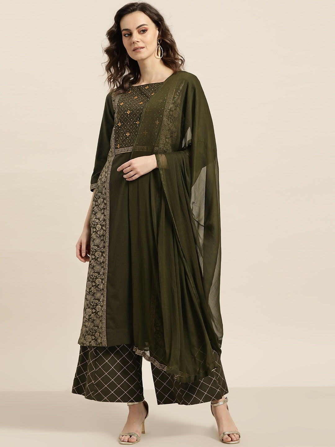 Sangria Women Olive Green & Golden Printed Kurta with Palazzos & Dupatta | Grocsy