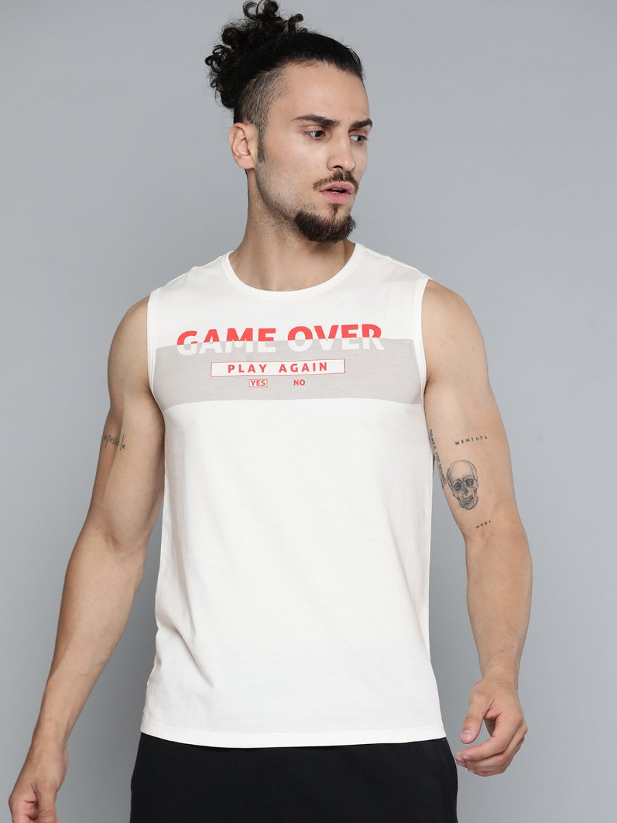 Alcis Men Off White Typography Printed Slim Fit Gym T-shirt | Grocsy