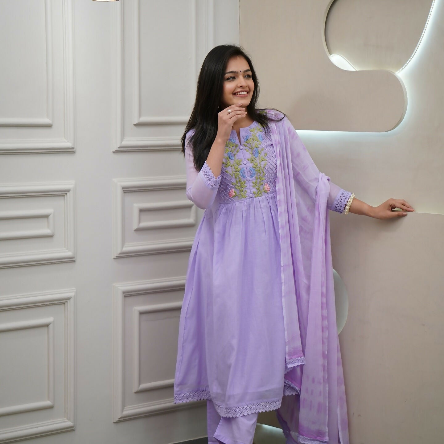 The52 Women's Beautiful Georgette Fabric Thread Work Flared Kurta Pant and Dupatta Set | Grocsy