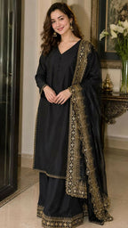 Teeya Creation New Latest Stylish Classic Black Festive Kurta Set with Gold Zari Border Palazzo and Dupatta | Grocsy