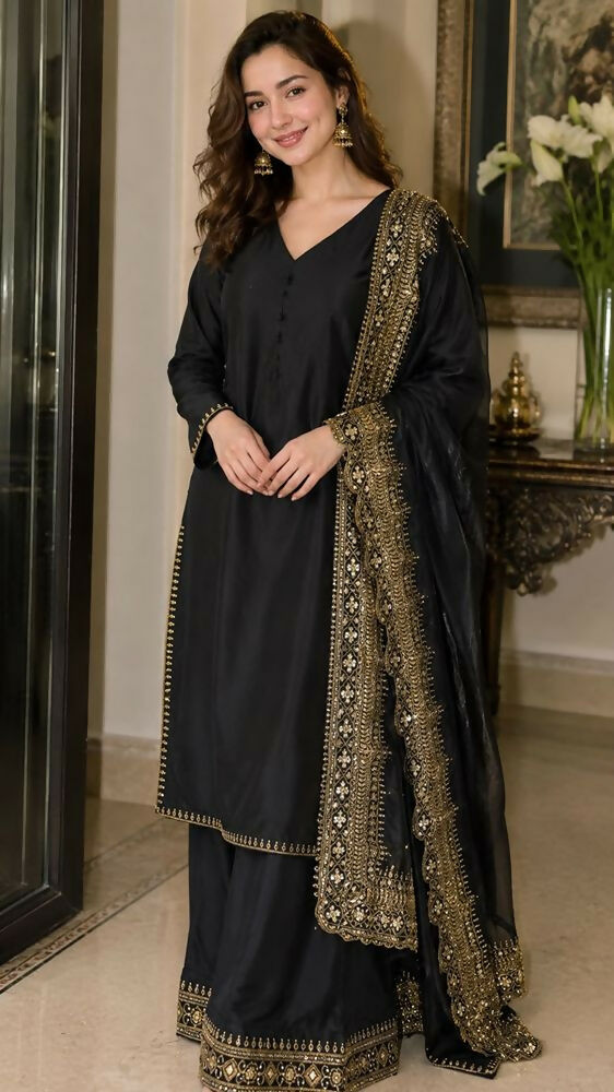 Teeya Creation New Latest Stylish Classic Black Festive Kurta Set with Gold Zari Border Palazzo and Dupatta | Grocsy
