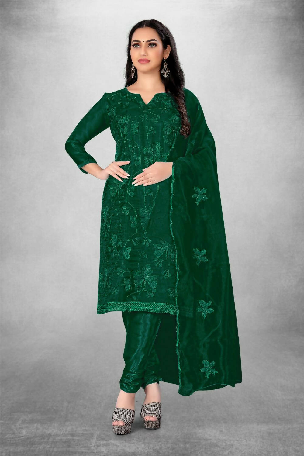 Dark Green Heavy Organza Silk Embroidered Unstitched Dress Material - Amara | Grocsy