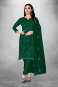 Dark Green Heavy Organza Silk Embroidered Unstitched Dress Material - Amara | Grocsy