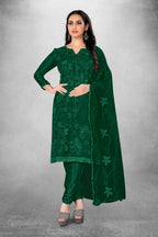 Dark Green Heavy Organza Silk Embroidered Unstitched Dress Material - Amara | Grocsy