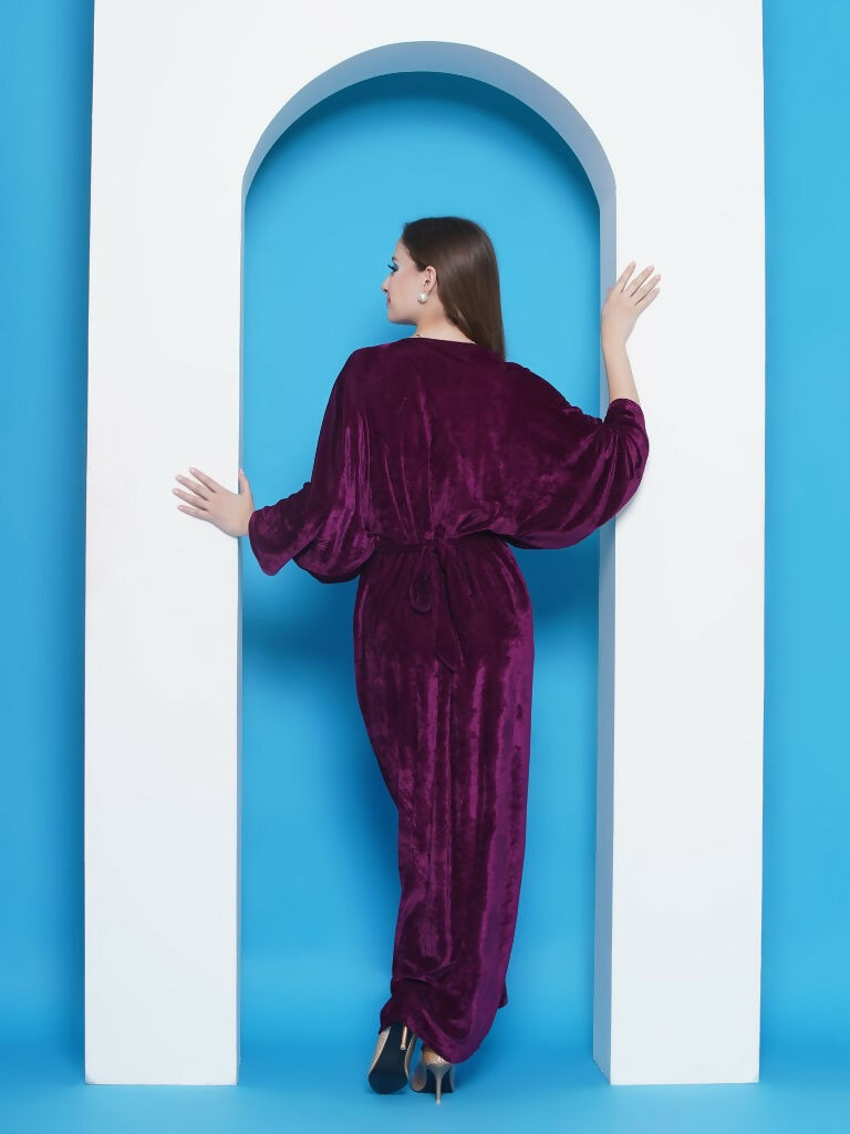 Joban Fashion Wine Velvet Gown With Silver Halter Neck Ineer | Grocsy