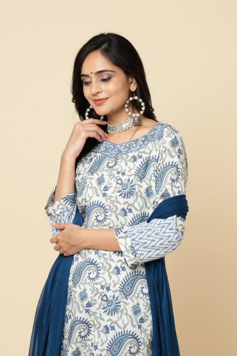 Designer Stylish White Keri cotton Stitched Suit With Dupatta - Tanisha | Grocsy