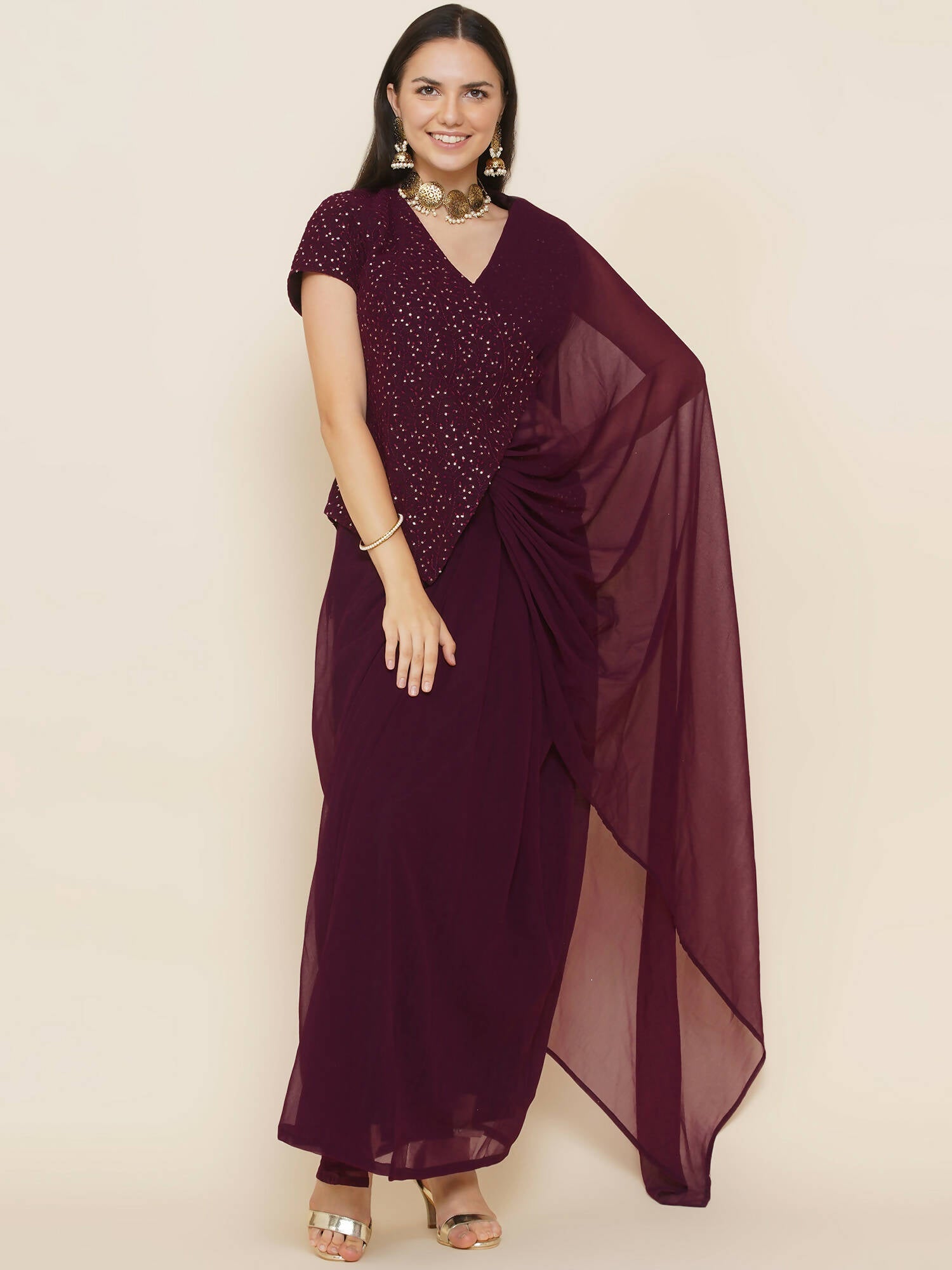 Women Republic Bronze Georgette Jacket With Skirt | Grocsy