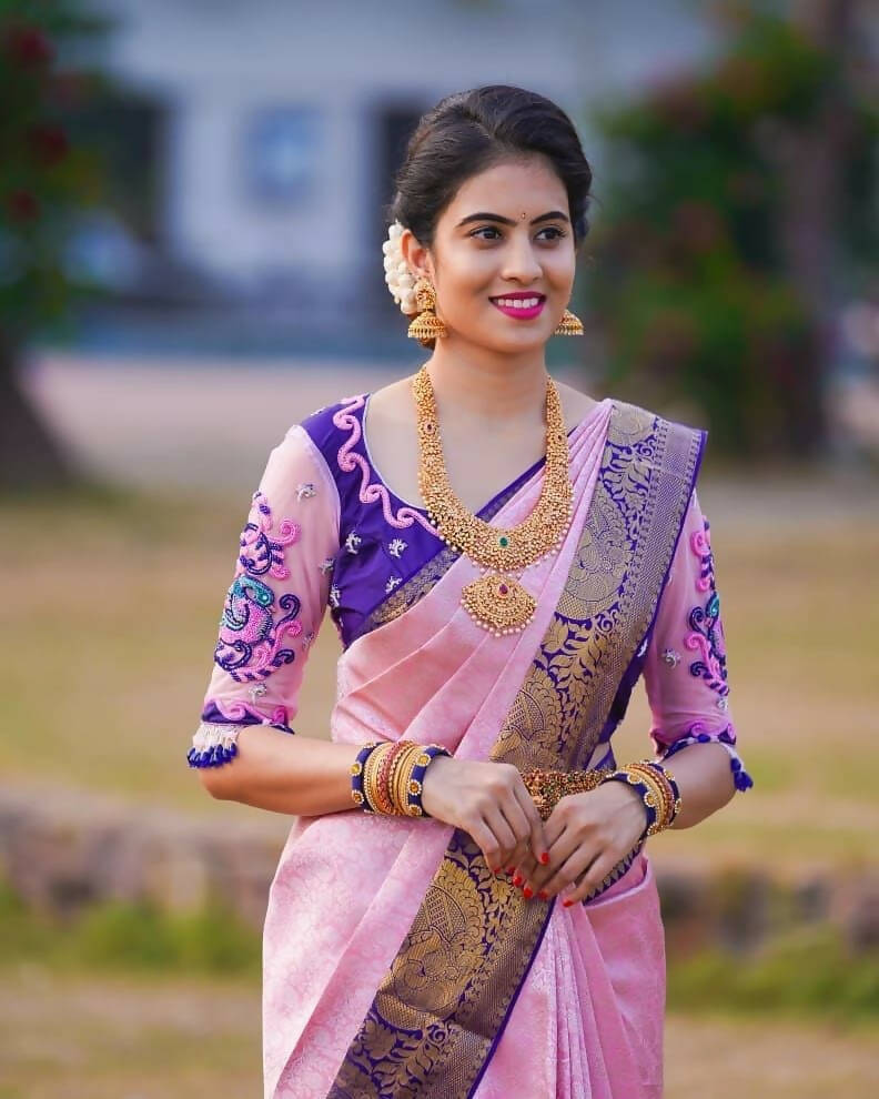DEIANA'S Beautiful Designer Golden zari Soft Lichi Silk Saree - Pink | Grocsy