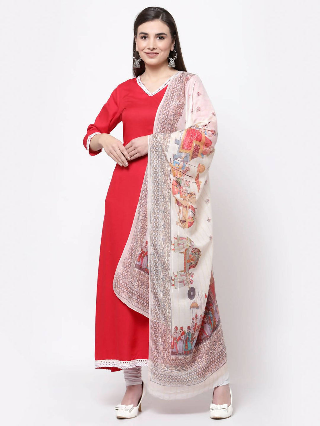 Myshka Pink Cotton Solid 3/4 Sleeve V Neck Casual Kurta Dupatta Set | Grocsy