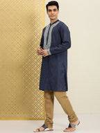 House of Pataudi Men Navy Blue Embroidered Striped Pattern Jashn Kurta | Grocsy